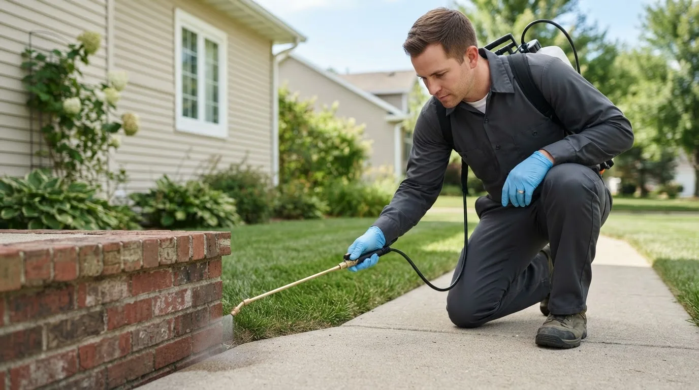 Pest control technician treating a home near Oquossoc, ME