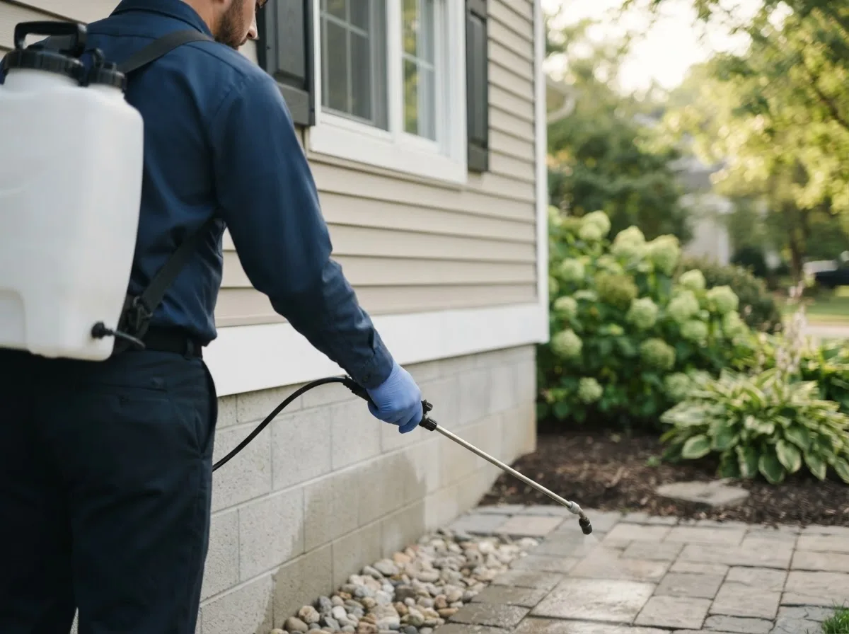 Pest control technician inspecting a home in Oquossoc, ME
